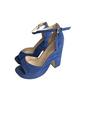 LOSLANDIFEN Chunky Block Heel Peep Toe Ankle Strap Blue Size 8.5 EUR 39 Formal